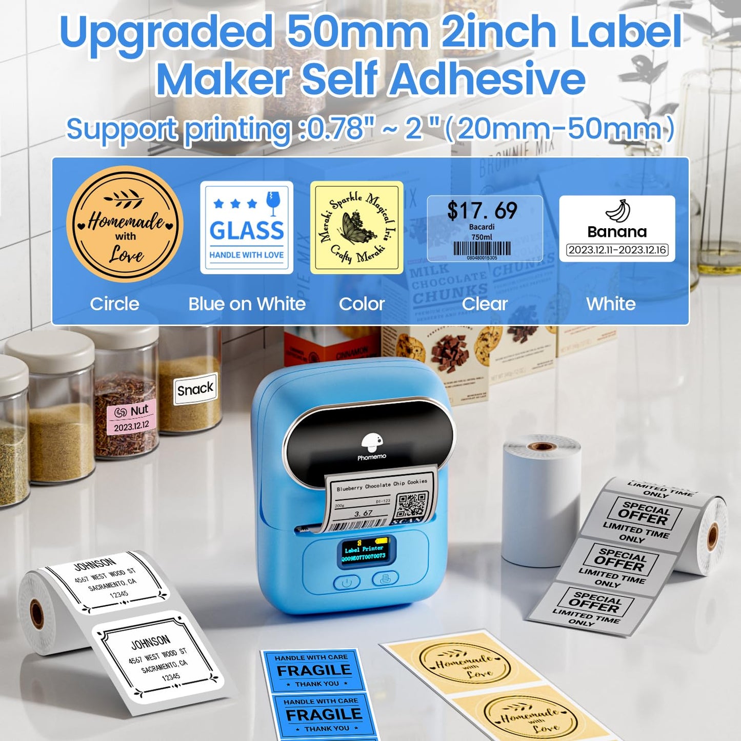 Phomemo -M110 Label Printer Portable Mini Bluetooth Thermal Label Manufacturer for Labelling, Office, Cable, Retail, Barcode and More, Compatible with Android and iOS Systems - Blue