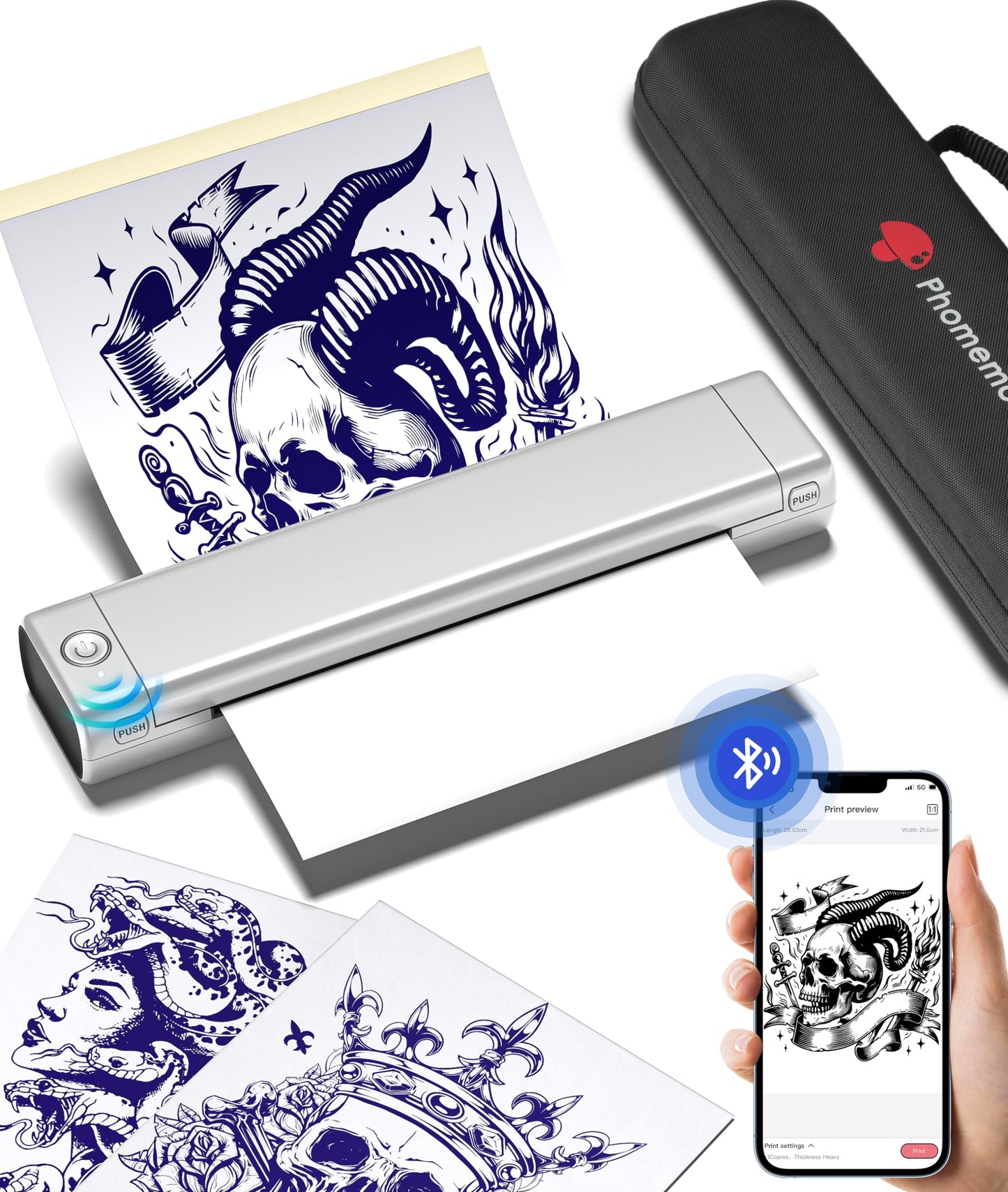 Phomemo Tattoo Stencil Printer with Case, Bluetooth Tattoo Printer with 10 Pcs Tattoo Transfer Paper, Wireless Tattoo Machine for Tattoo Artists & Beginners, Compatible with Phone, iPad & PC, Sliver