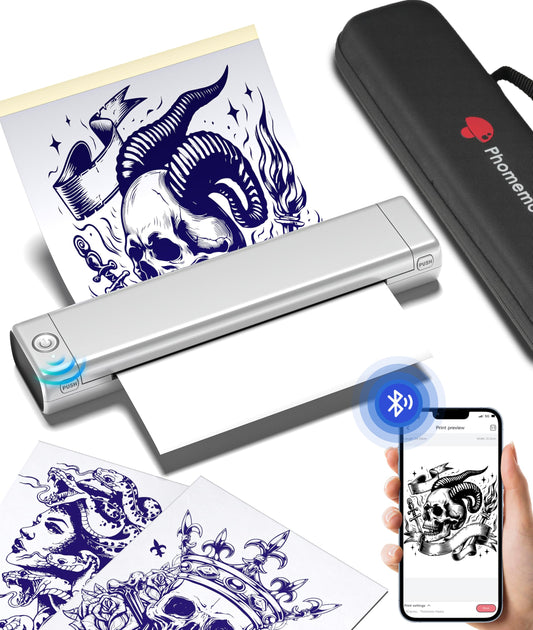 Phomemo Tattoo Stencil Printer with Case, Bluetooth Tattoo Printer with 10 Pcs Tattoo Transfer Paper, Wireless Tattoo Machine for Tattoo Artists & Beginners, Compatible with Phone, iPad & PC, Sliver