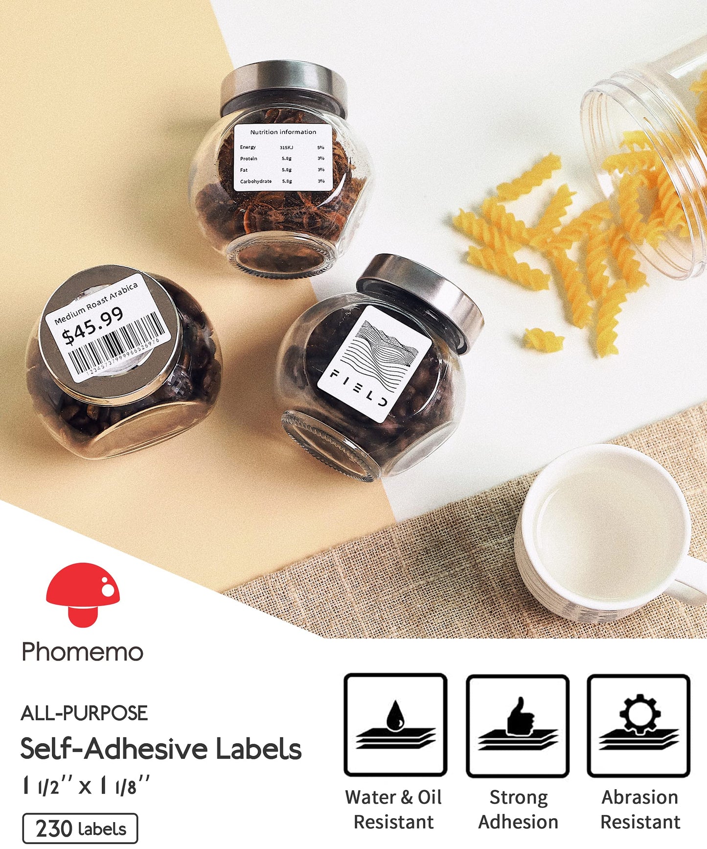 Phomemo Original [230 pcs] Labels for M110/M220/M221, 1.57'' x 1.18''(40 x 30mm), Square, White, 230 Labels/Roll, Multi-Purpose Self-Adhesive Thermal, Also Made for Phomemo M120/M200 Label Maker