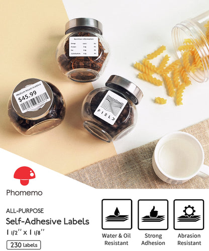 Phomemo Original [230 pcs] Labels for M110/M220/M221, 1.57'' x 1.18''(40 x 30mm), Square, White, 230 Labels/Roll, Multi-Purpose Self-Adhesive Thermal, Also Made for Phomemo M120/M200 Label Maker